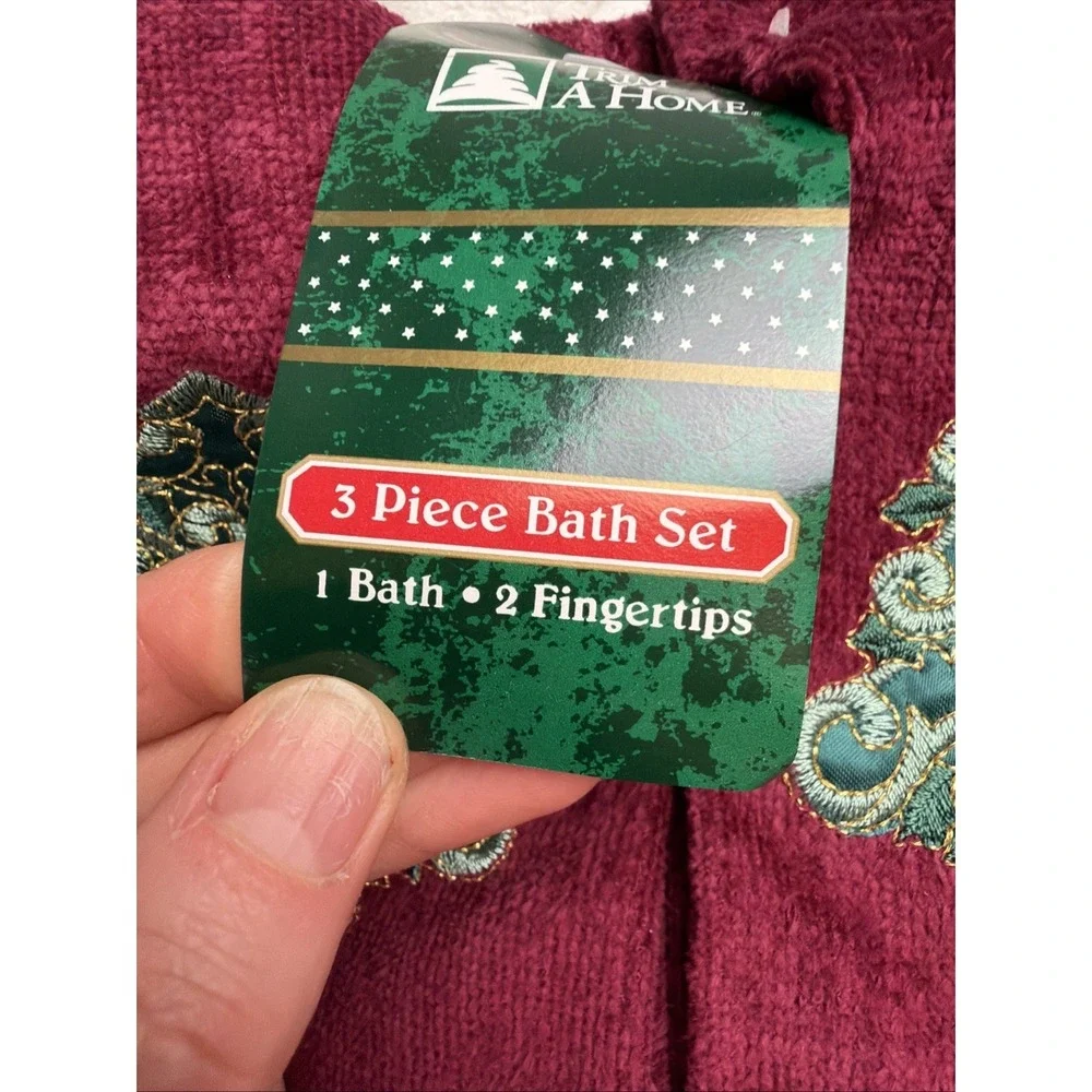 Vintage Y2K Christmas Tree Embroidered Towel Set 3 Piece Trim A Home Burgundy